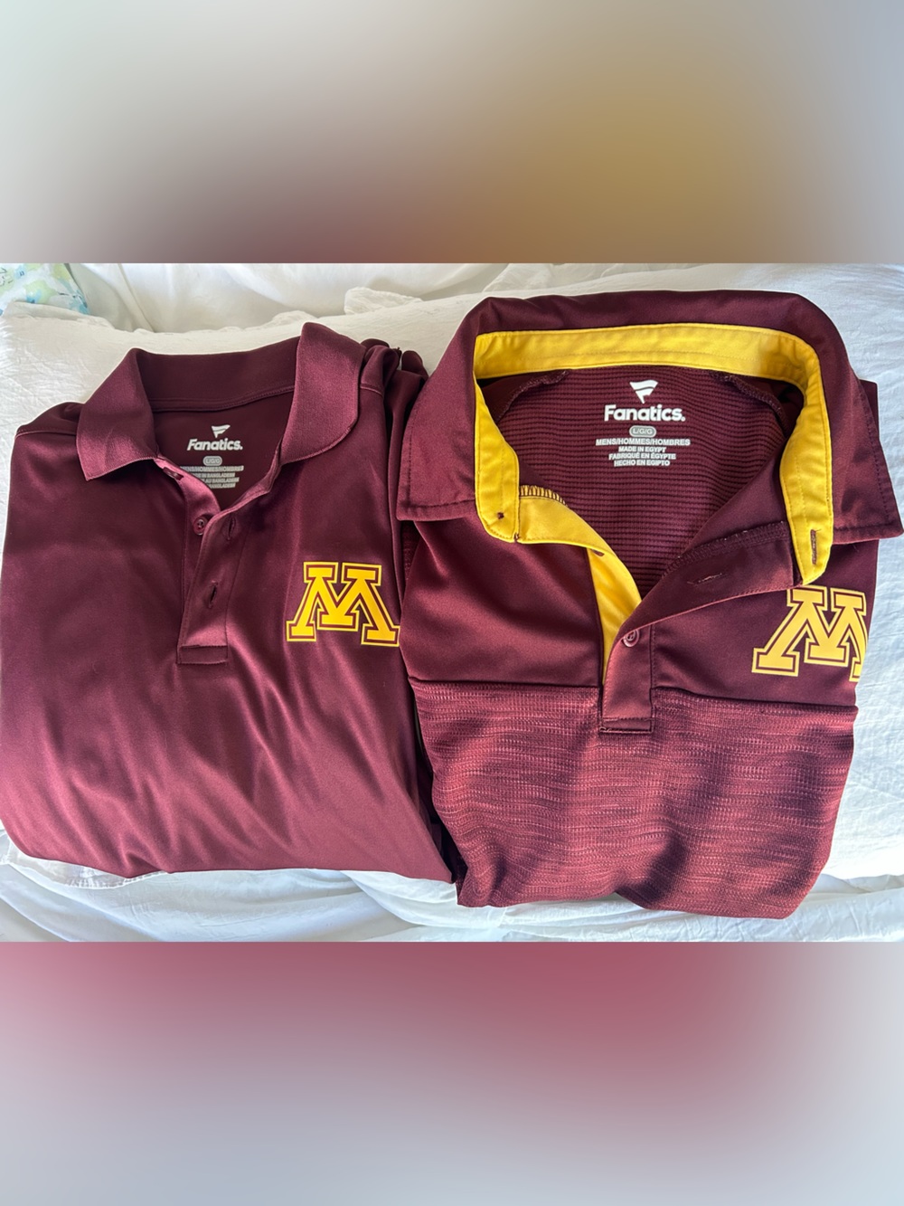 TWO Fanatics Men's Maroon Univ of Minnesota Polos with Gold Trim. Large